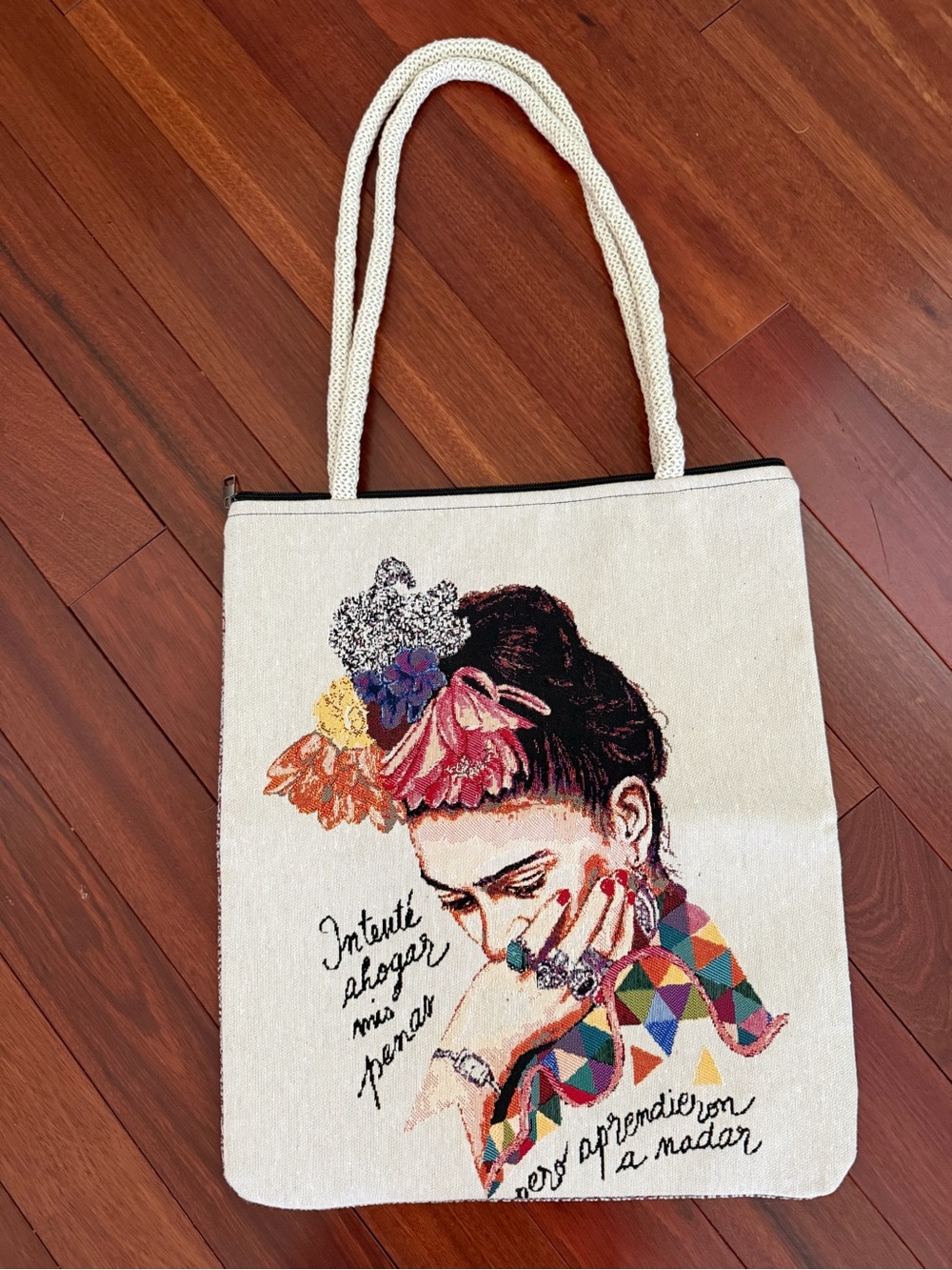 Frida Kahlo Image Artistic Multicolor Cotton Tote Bag with Woven Handles